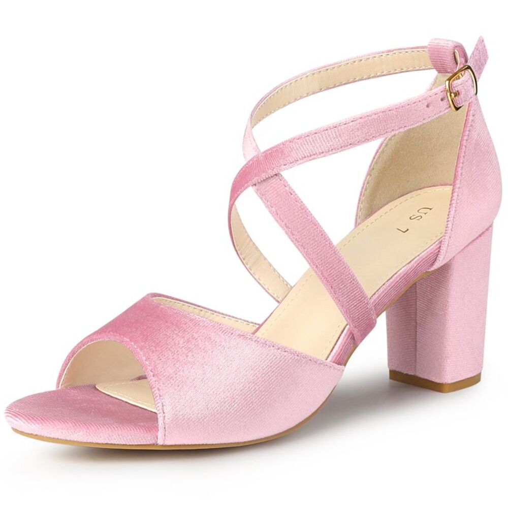 Cross Strap Velvet Block Heel Sandals Light Pink